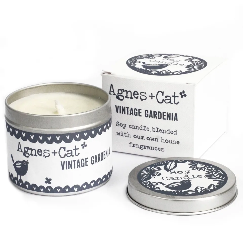 Bougies en boîte métal, cire de soja (200 ml) : Gardénia vintage