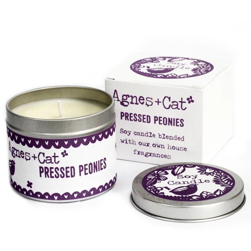 Bougies en boîte métal, cire de soja (200 ml) : Pivoine pressée
