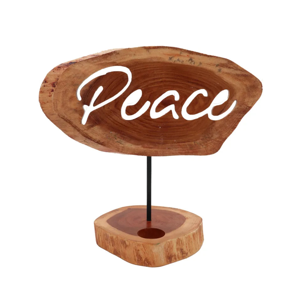 Porte-bougies en bois sculpté « mot » : Paix