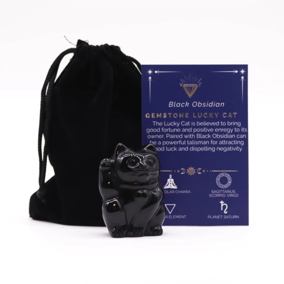 Chat porte-bonheur : obsidienne noire, 50 x 35 x 25 mm