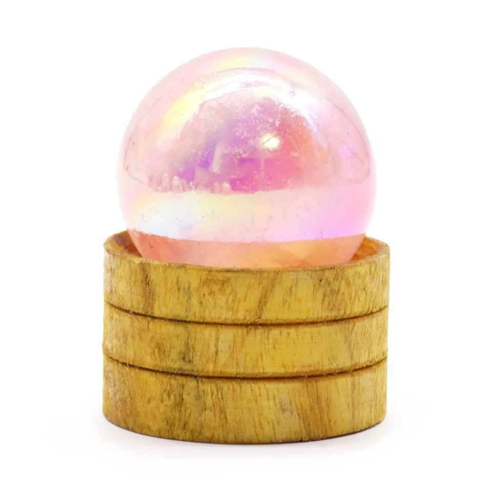 Sphère en quartz aura sur socle : 40 mm, quartz rose aura titane