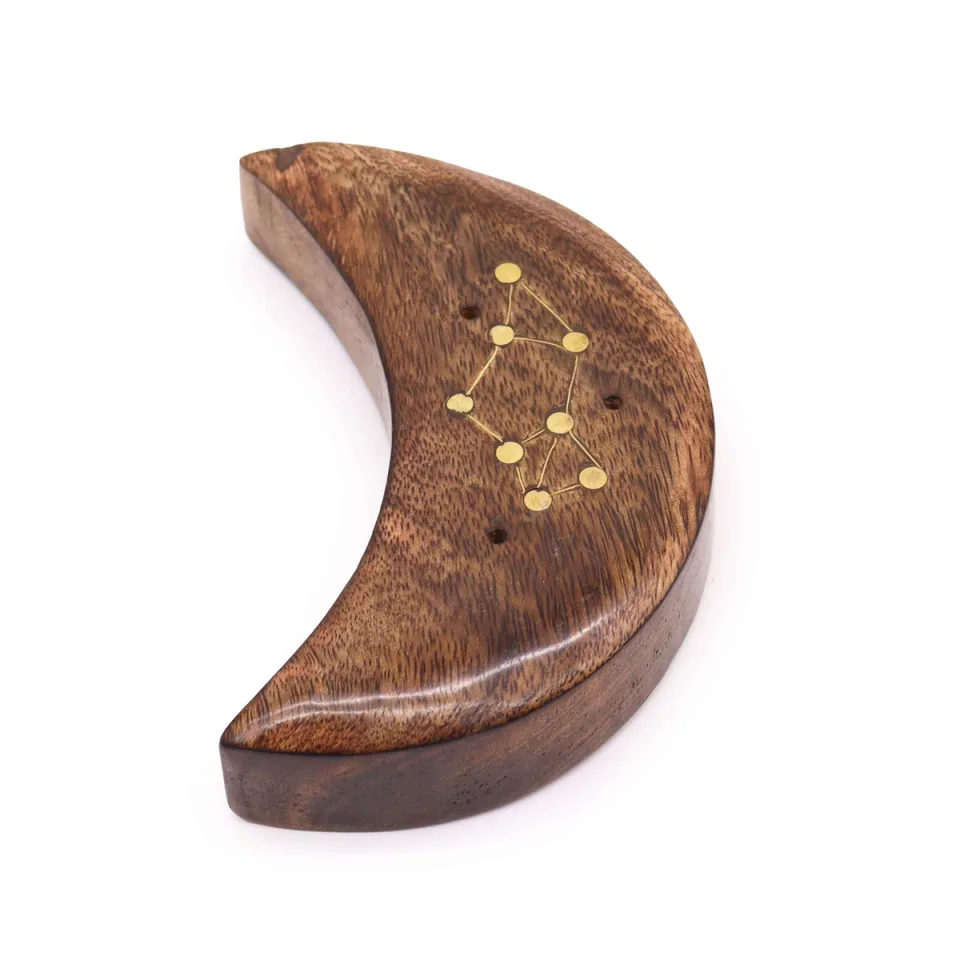 Brûleur gravé en manguier et laiton, signe zodiaque : et laiton, signe zodiaque, lune