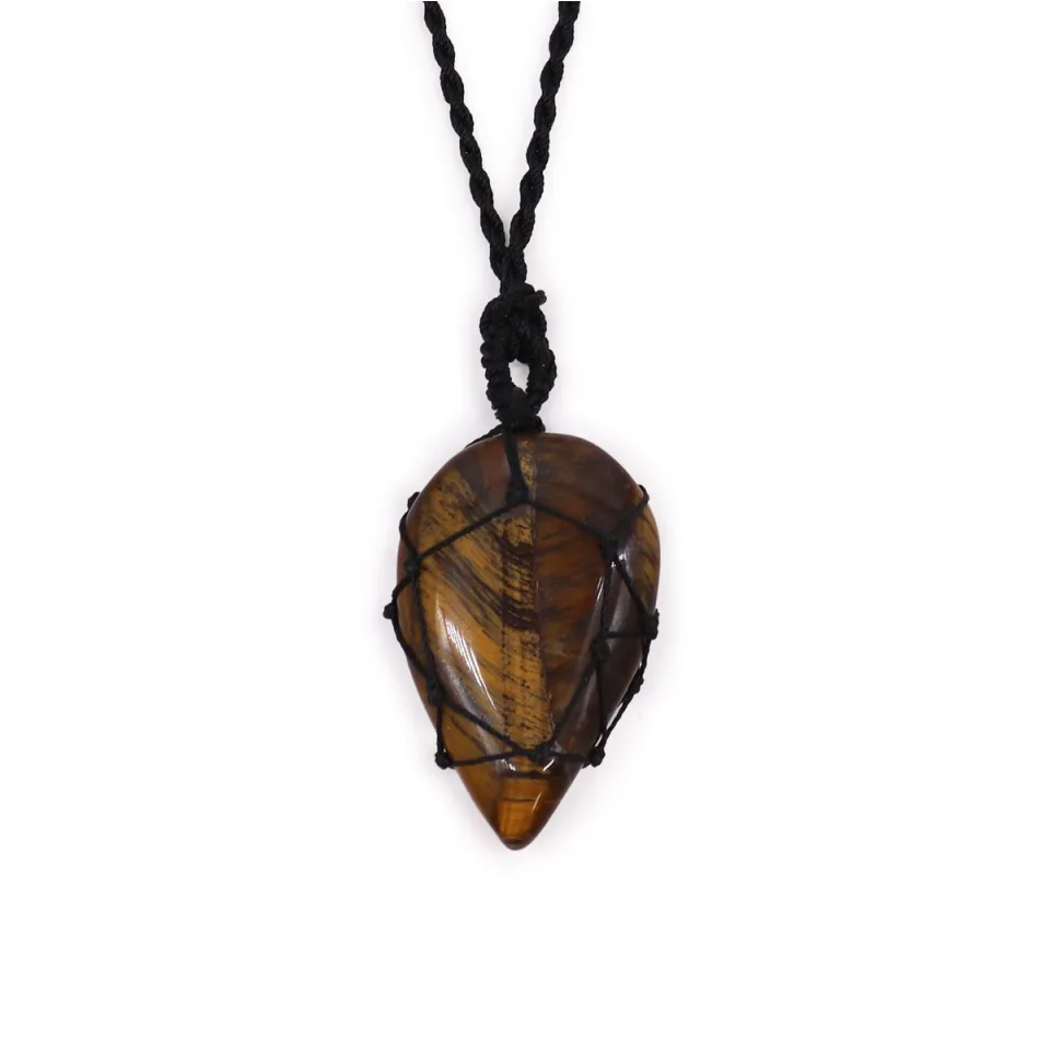 Pendentif en pierre sur lacet, Goutte : œil de tigre