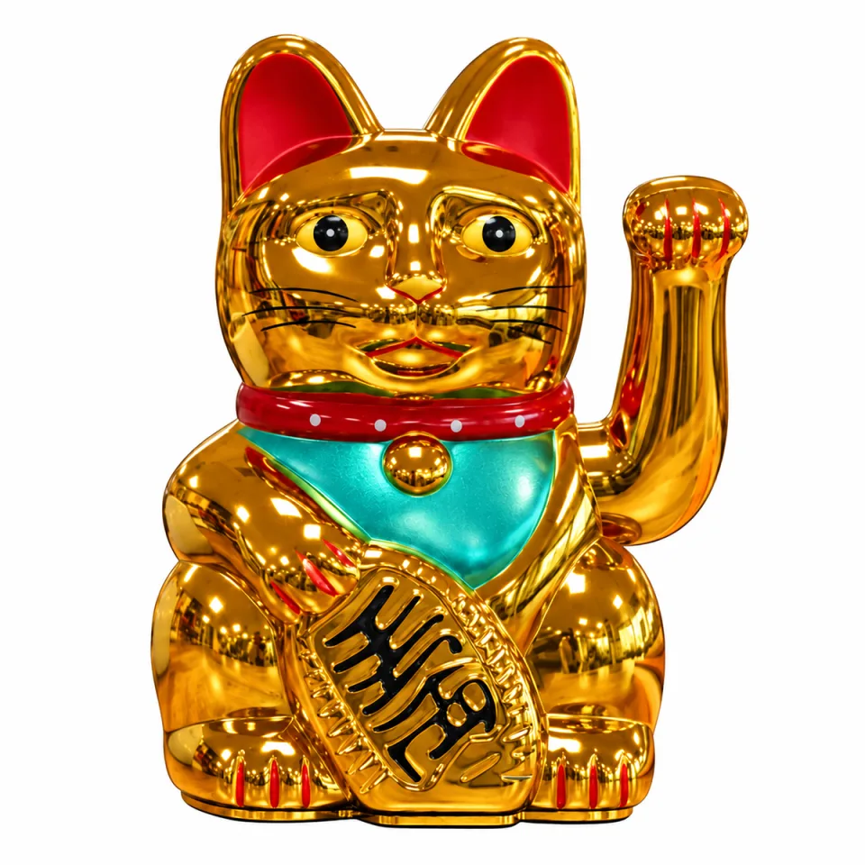 Chat porte-bonheur qui salue : très doré, 15 cm