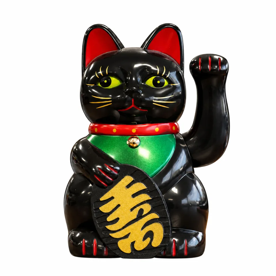 Chat porte-bonheur qui salue : noir, 15 cm