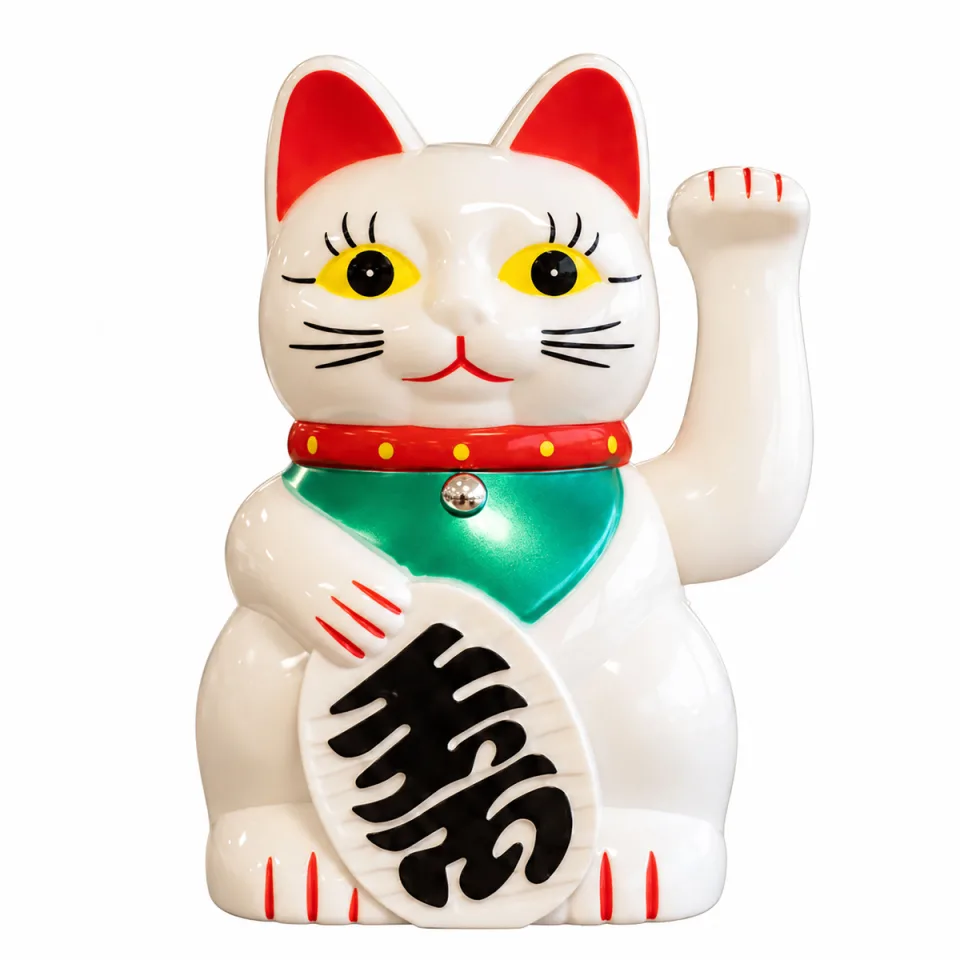 Chat porte-bonheur qui salue : blanc, 15 cm