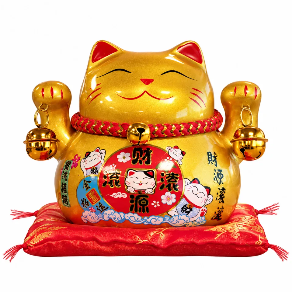 Tirelire chat en céramique sur coussin : doré sur coussin