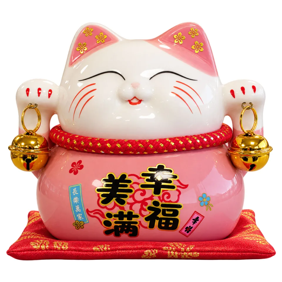 Tirelire chat en céramique sur coussin : rose sur coussin