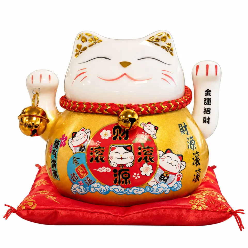 Chat en céramique à bras mobile sur coussin : doré sur coussin