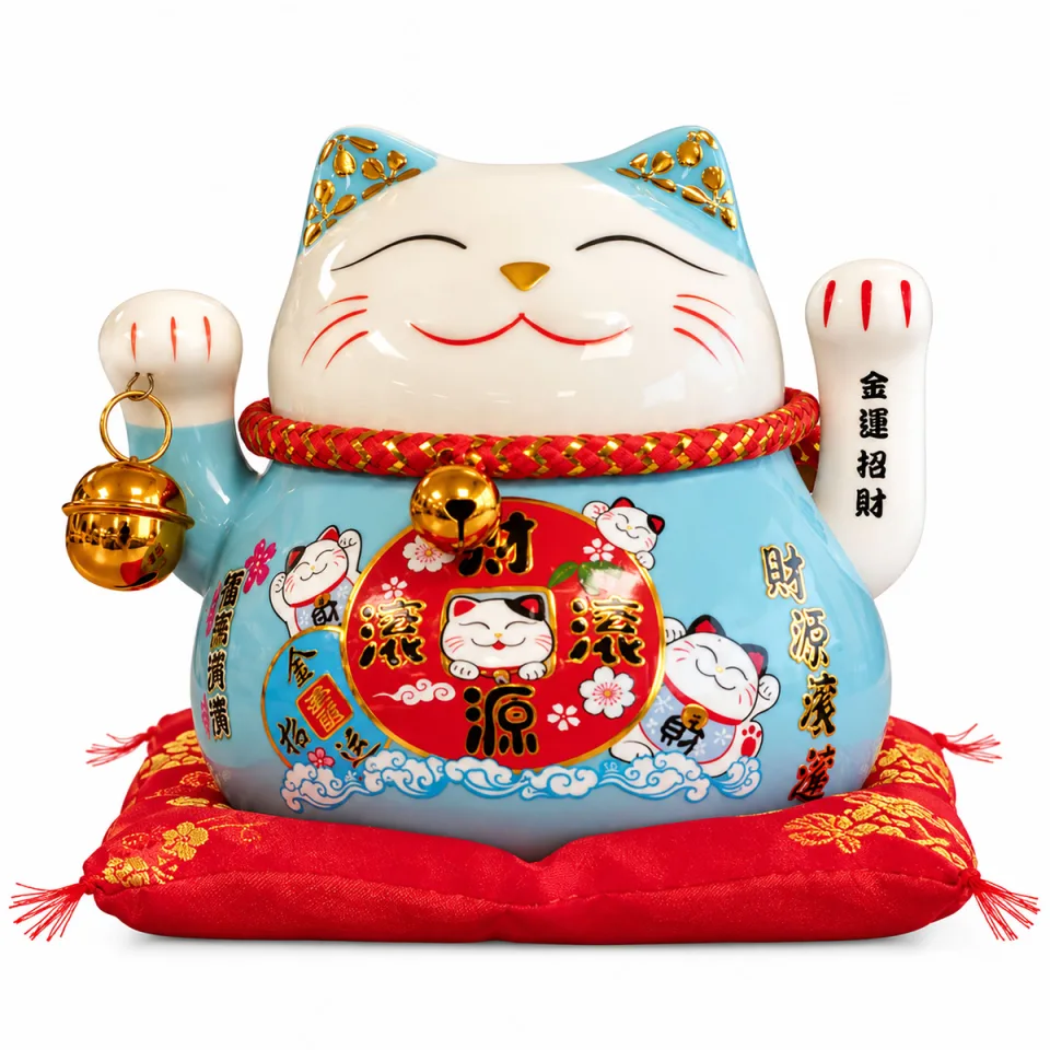 Chat en céramique à bras mobile sur coussin : bleu sur coussin