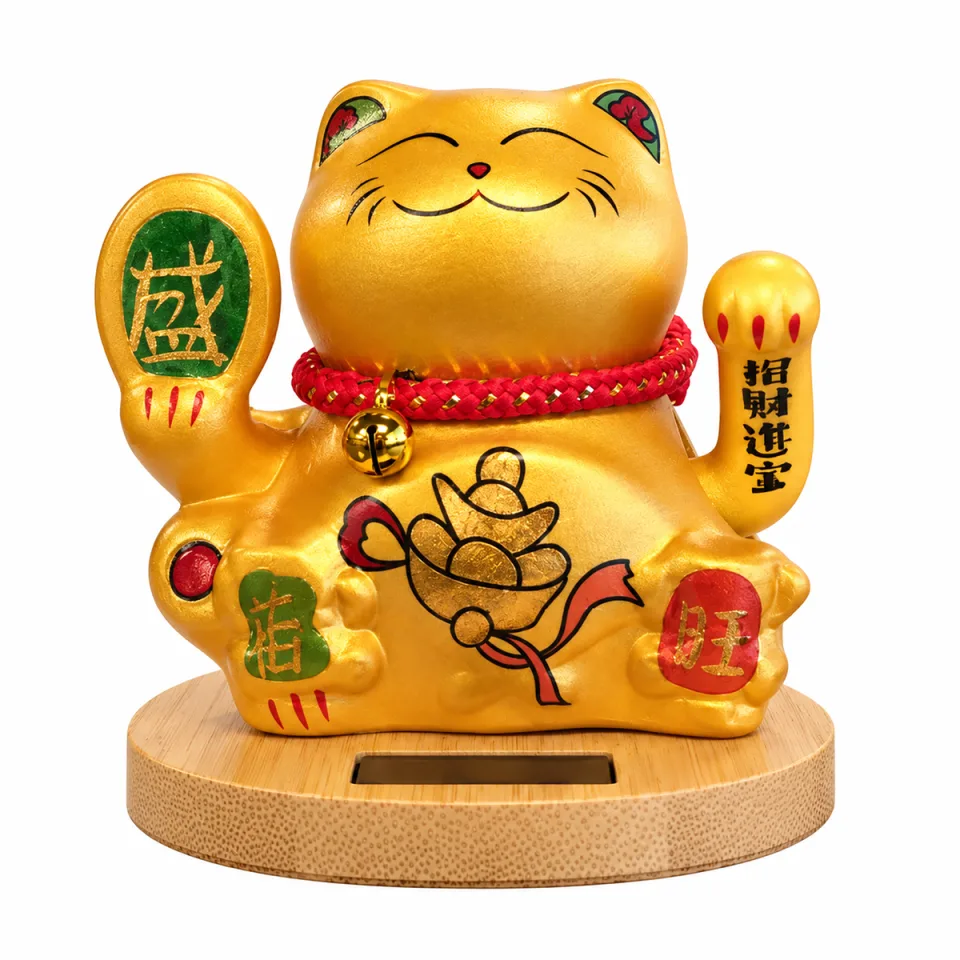 Chat solaire sur socle en bois : doré, bras mobile