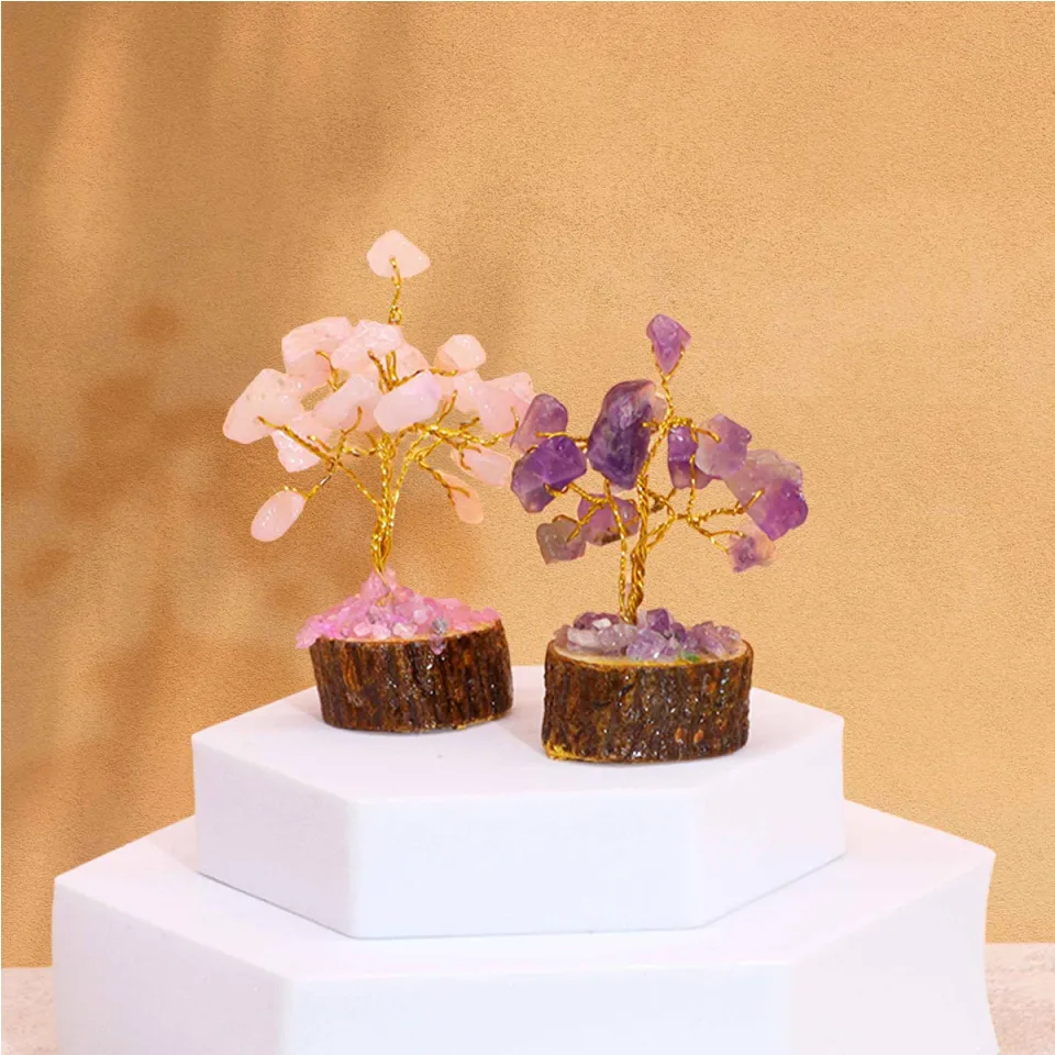 Mini arbres de pierres sur socle : Socle bois, mélange de 15 pierres