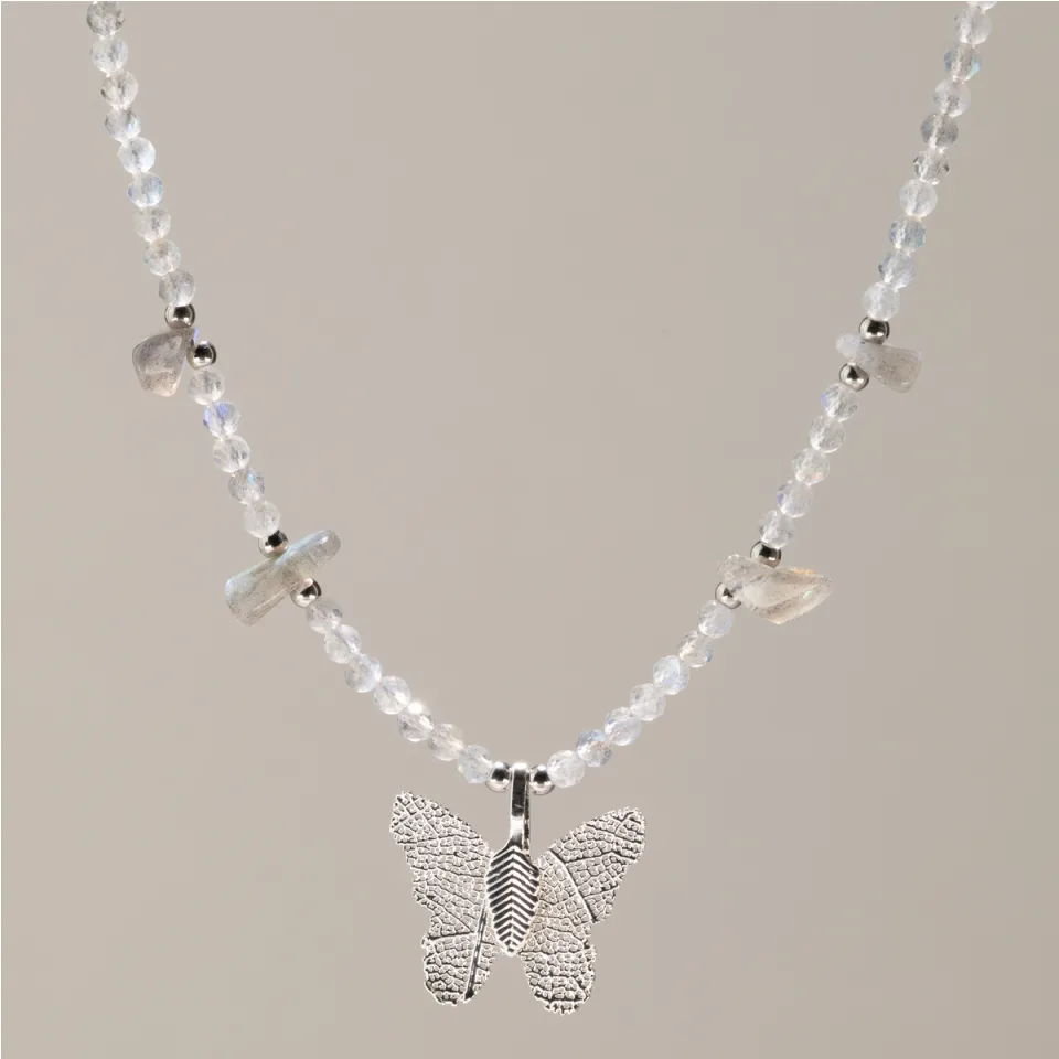 Colliers de pierres, pendentif papillon en vraie feuille : Labradorite