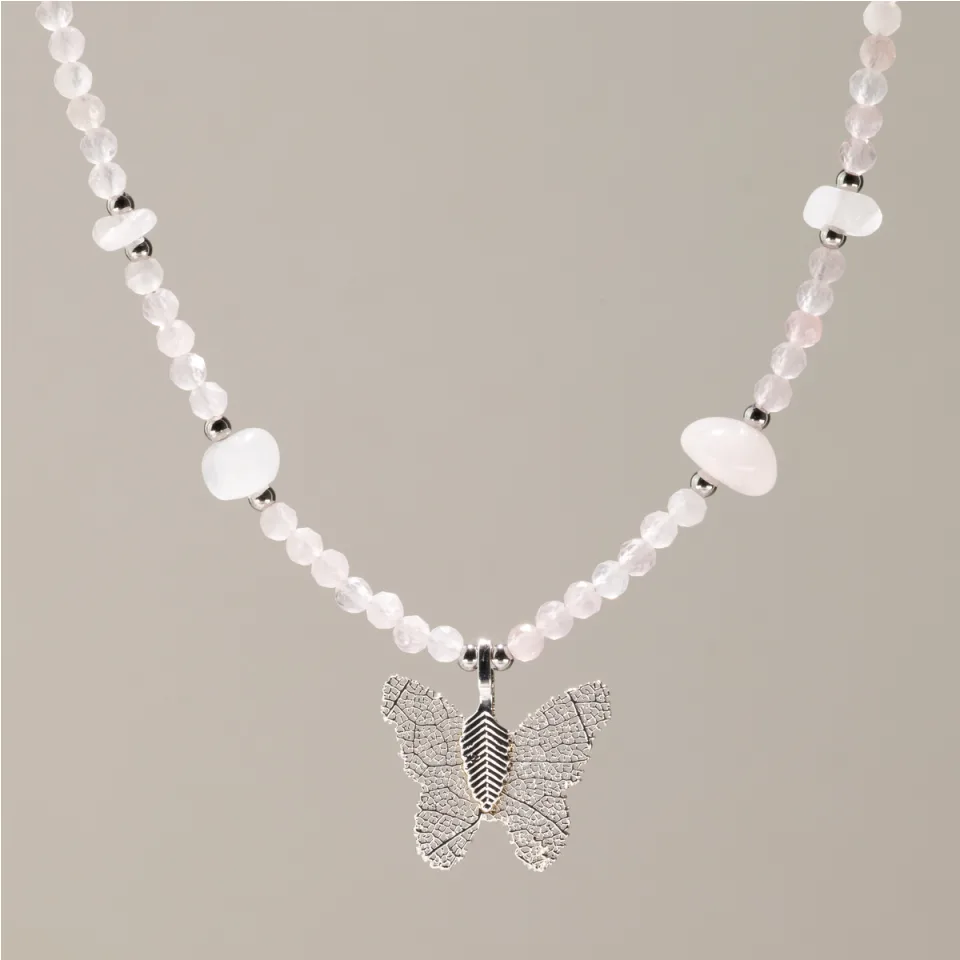 Colliers de pierres, pendentif papillon en vraie feuille : Quartz rose