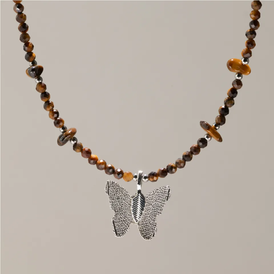 Colliers de pierres, pendentif papillon en vraie feuille : Œil de tigre