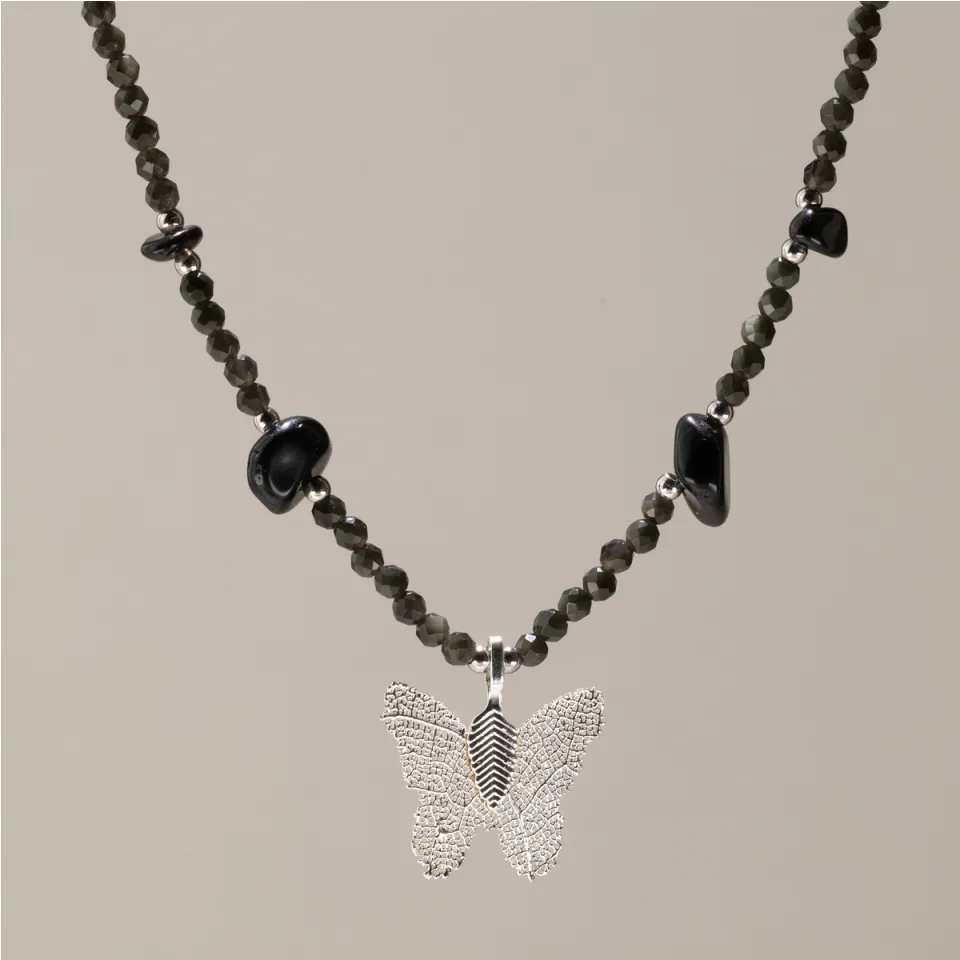 Colliers de pierres, pendentif papillon en vraie feuille : Obsidienne noire