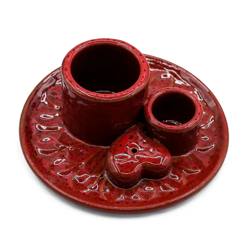 Porte-palo santo et sauge en céramique : Mandala rouge avec cœur brillant