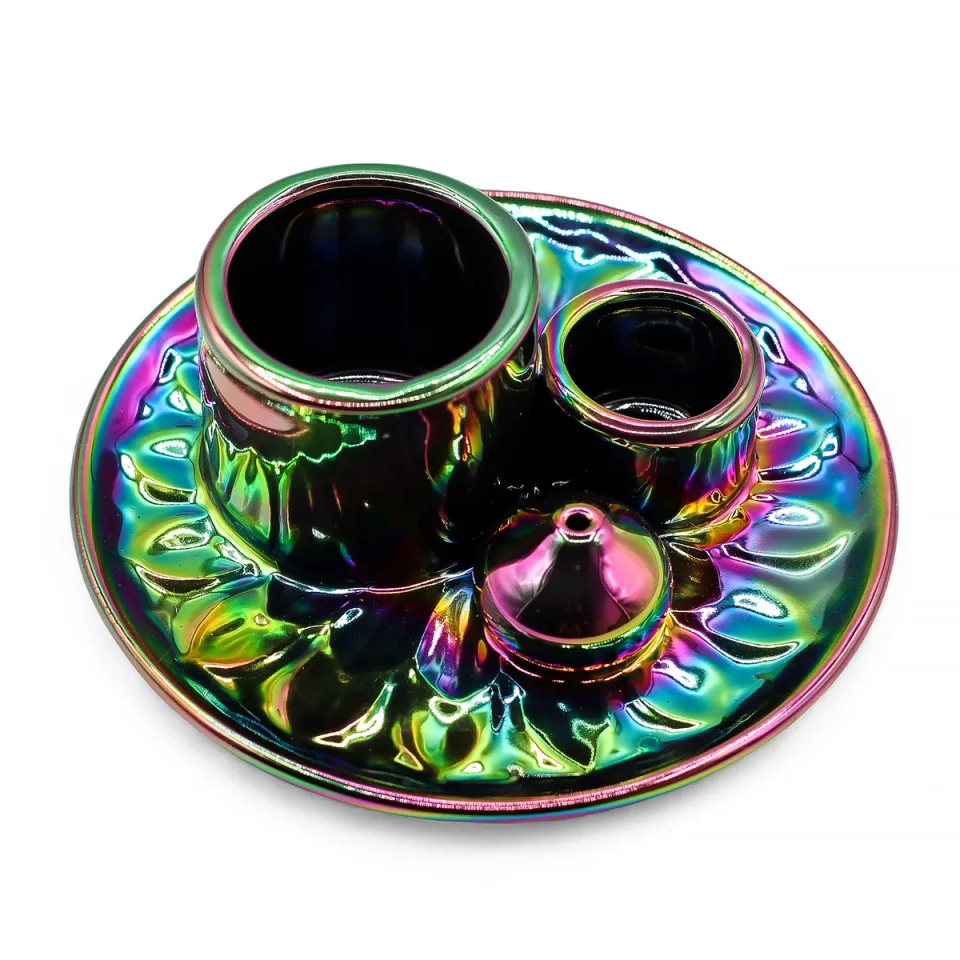 Porte-palo santo et sauge en céramique : Mandala arc-en-ciel métallisé