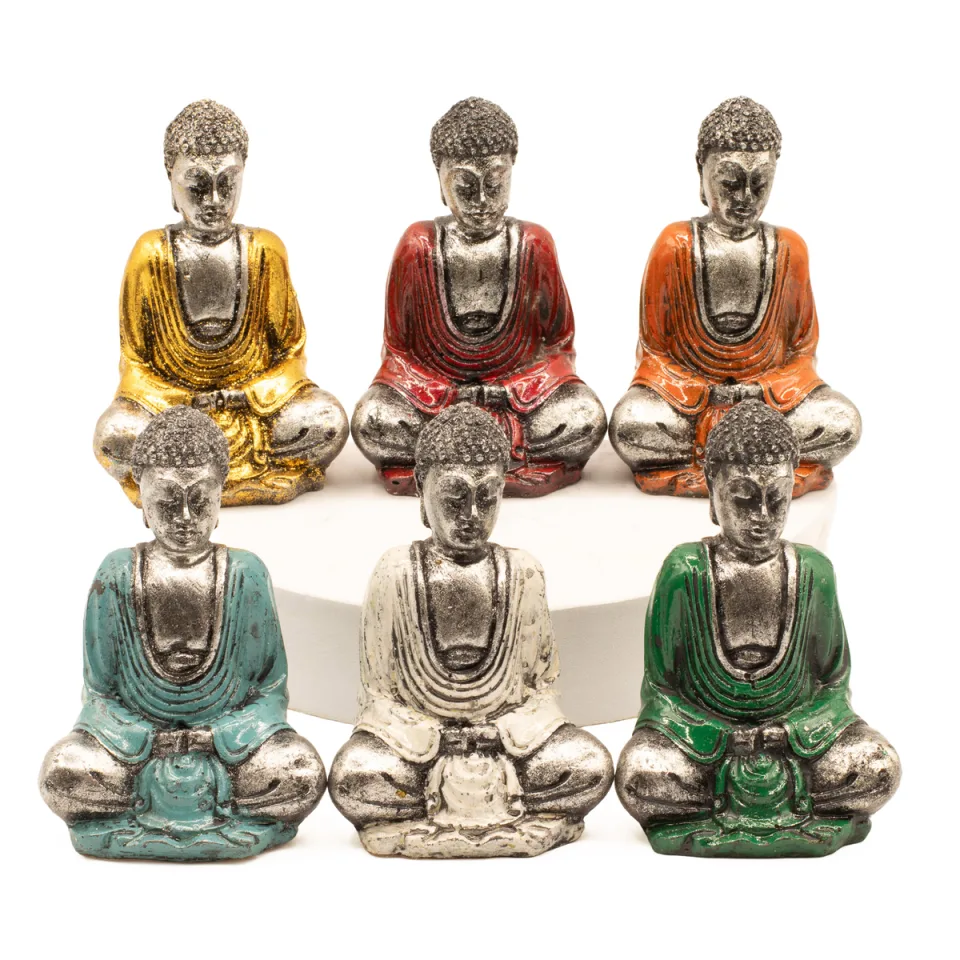 Petit Bouddha en résine peinte à la main : argenté (couleurs assorties)