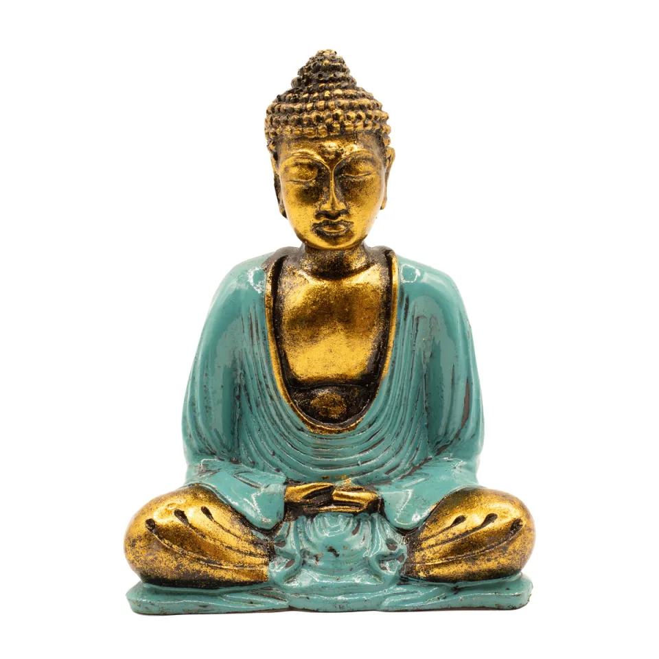 Bouddha en résine peinte, modèle moyen : bleu-vert et or, moyen