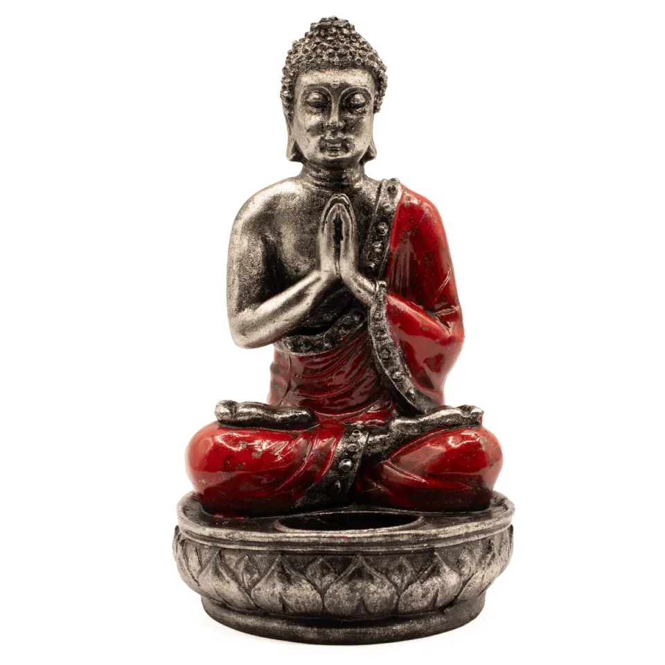 Bouddha porte-bougie en résine peinte : rouge, moyen