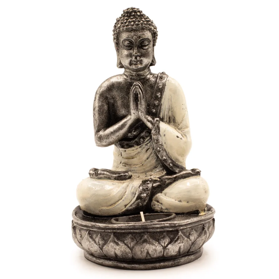 Bouddha porte-bougie en résine peinte : blanc, moyen
