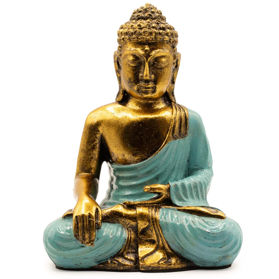 Bouddha en résine peinte, grand modèle : bleu-vert et or, grand