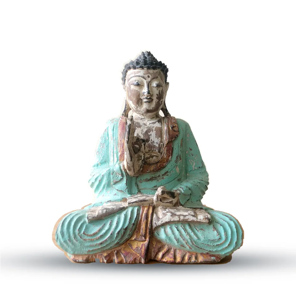 Bouddha vintage sculpté, transmission de l'enseignement : Menthe, 30 cm, transmission de l'enseignement