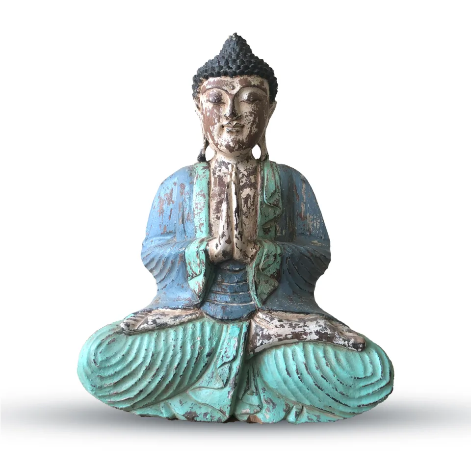 Bouddha vintage sculpté, accueil : Bleu-vert, 40 cm, accueil