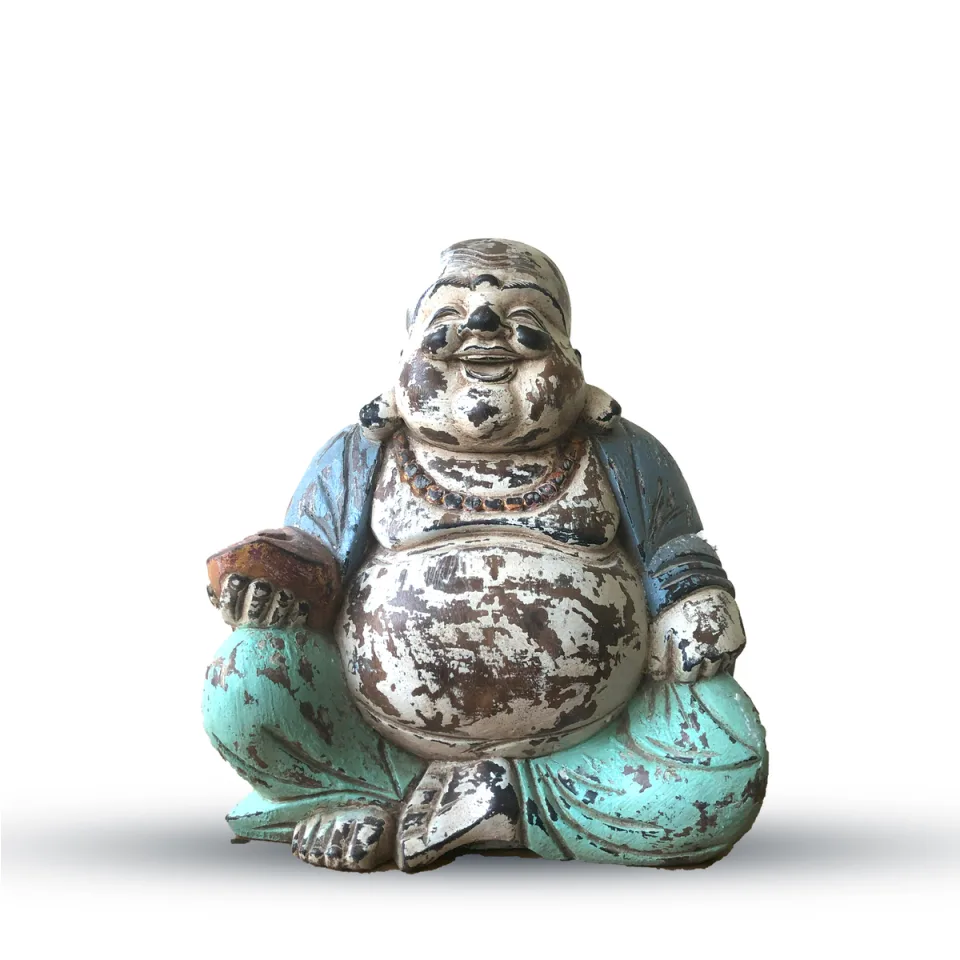 Bouddha vintage sculpté, rieur : Bleu-vert, 30 cm, rieur