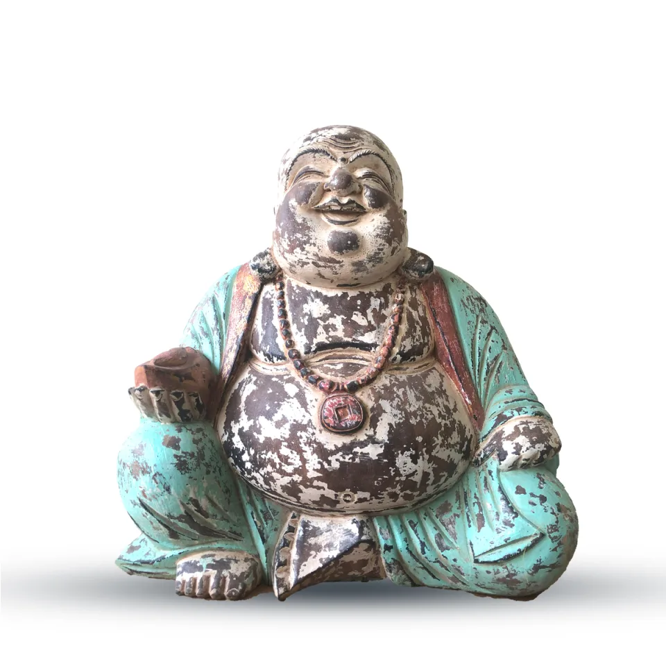 Bouddha vintage sculpté, rieur : Menthe, 40 cm, rieur