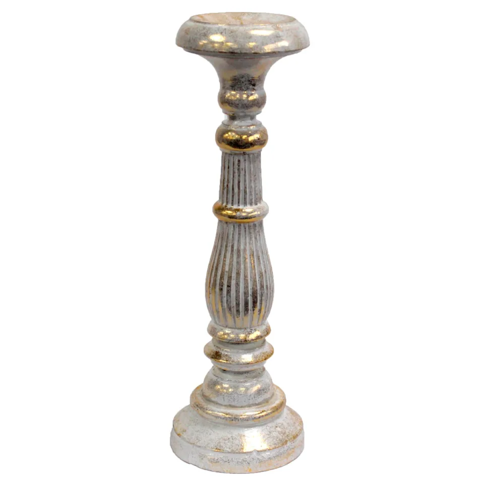 Bougeoirs vintage en bois d'albizia : Grand bougeoir blanc doré