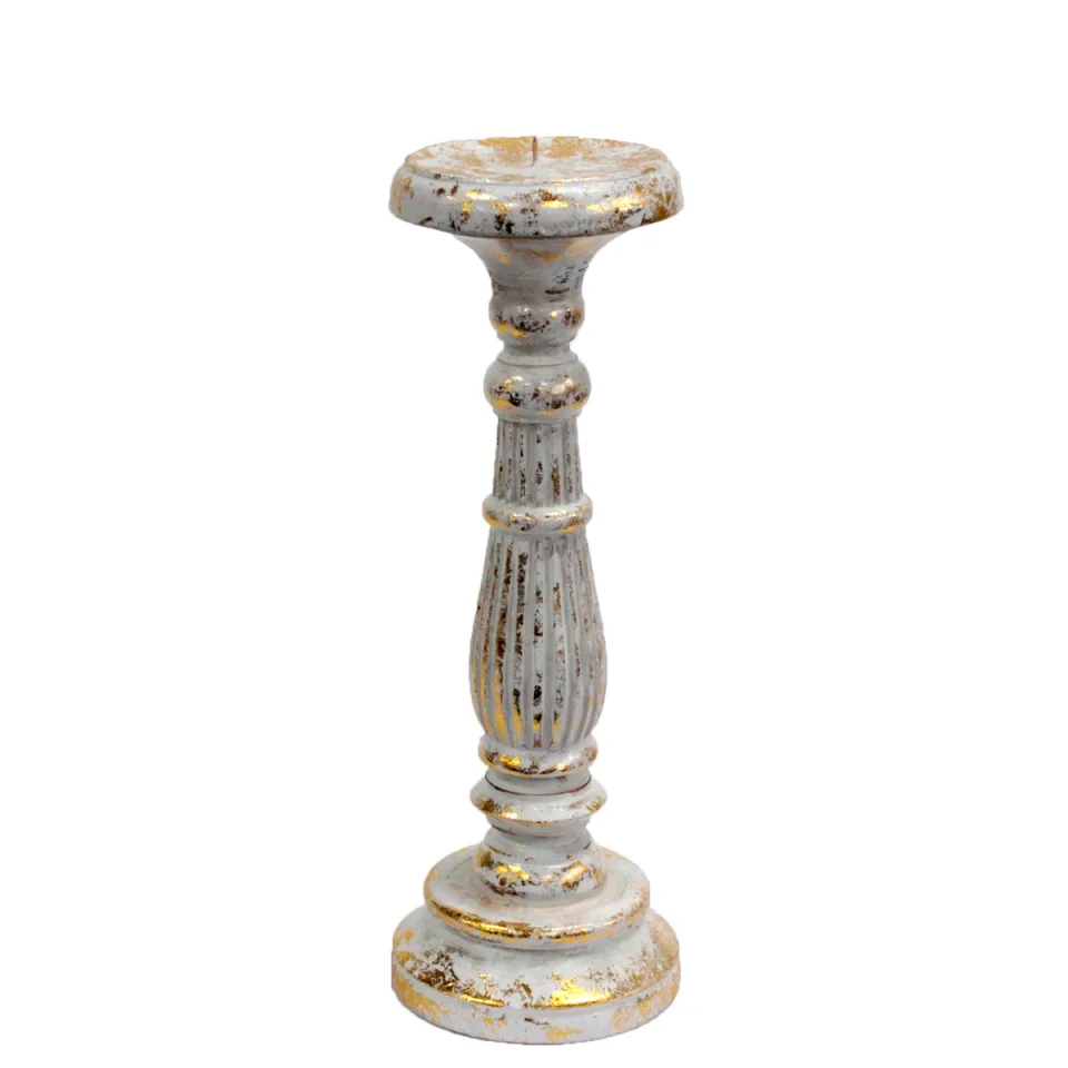 Bougeoirs vintage en bois d'albizia : Bougeoir moyen blanc doré