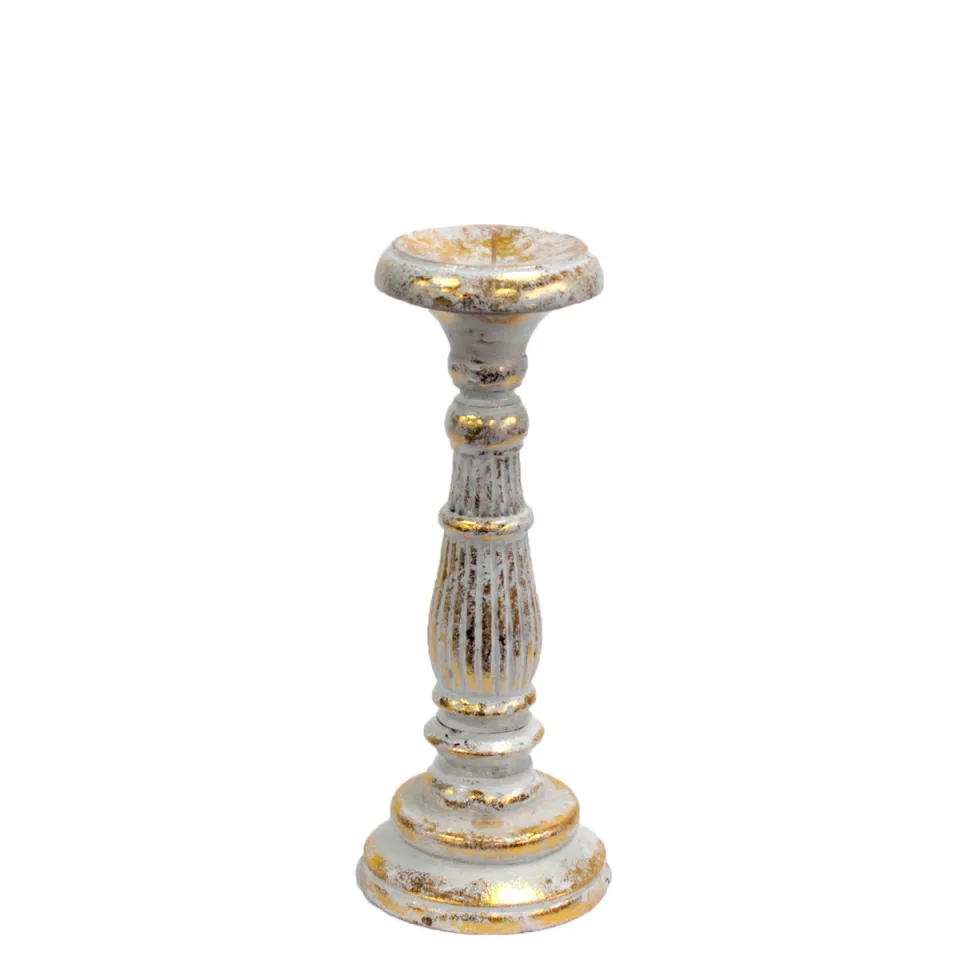 Bougeoirs vintage en bois d'albizia : Petit bougeoir blanc doré