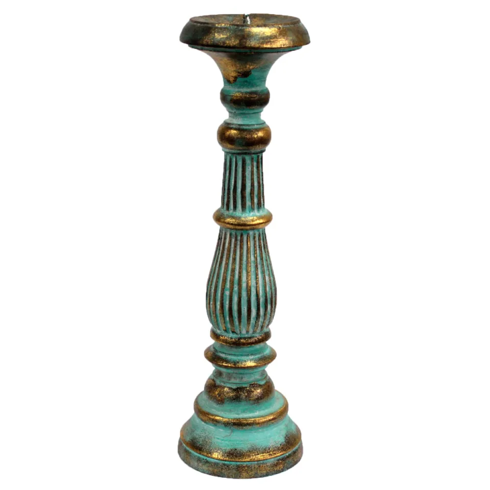 Bougeoirs vintage en bois d'albizia : Grand bougeoir turquoise doré
