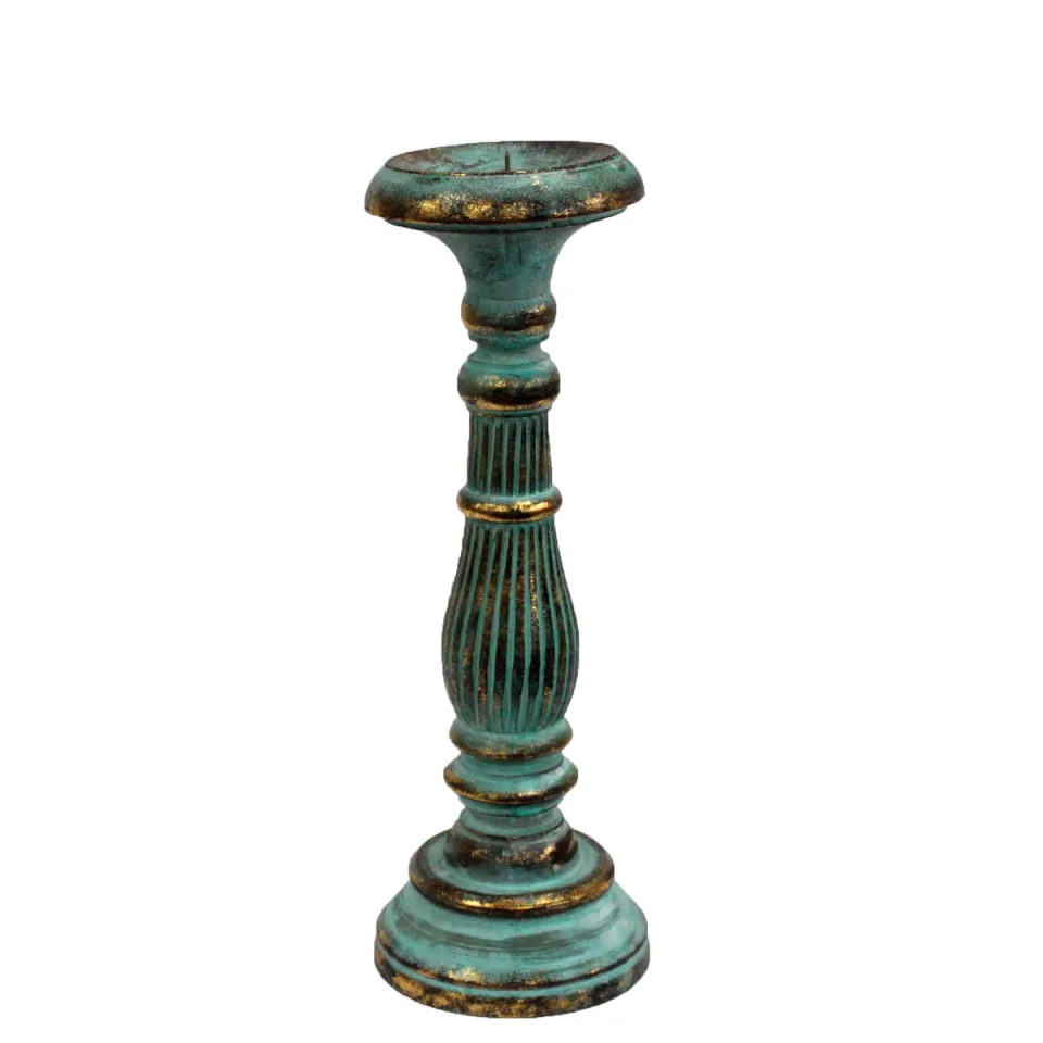 Bougeoirs vintage en bois d'albizia : Bougeoir moyen turquoise doré