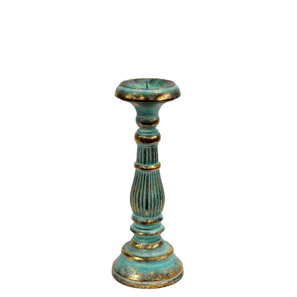 Bougeoirs vintage en bois d'albizia : Petit bougeoir turquoise doré
