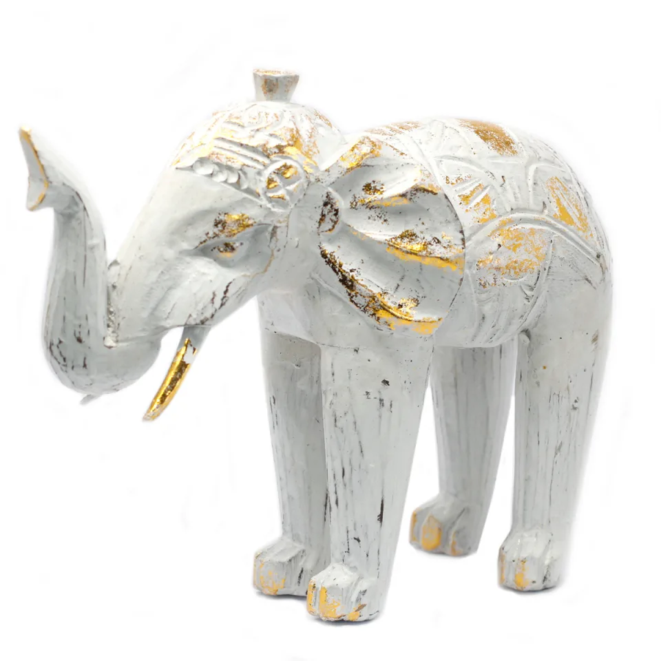 Éléphant en bois sculpté : blanc doré