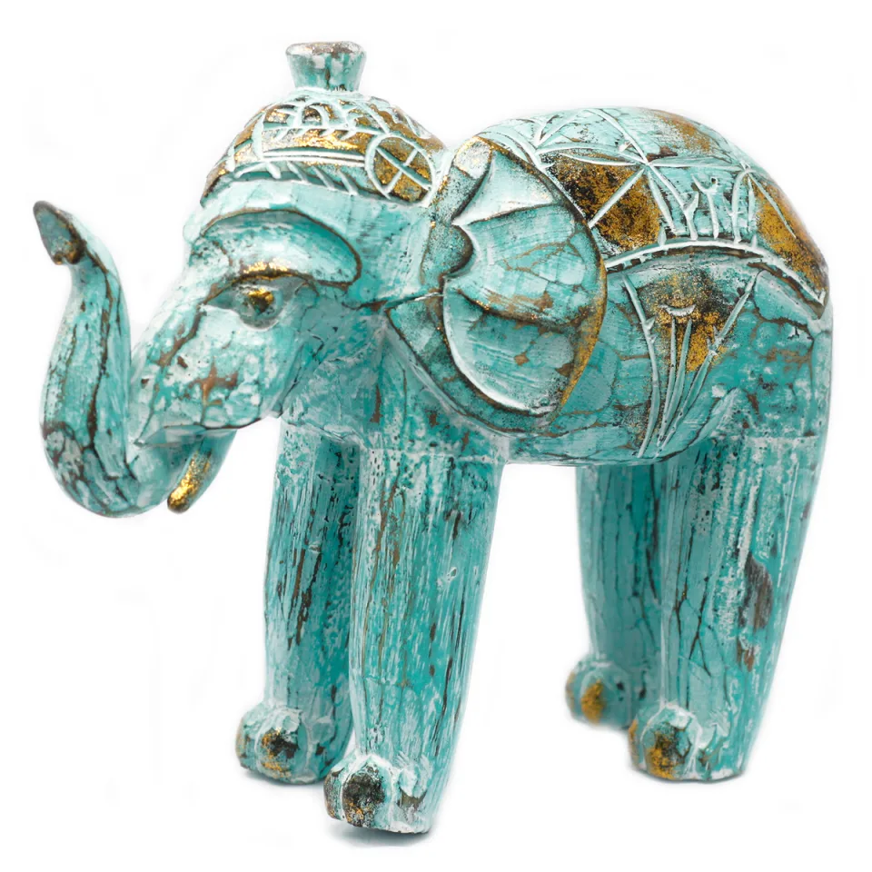 Éléphant en bois sculpté : turquoise doré