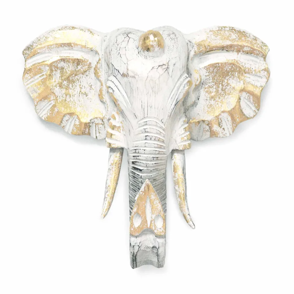 Grande tête d'éléphant en bois sculpté : doré et blanc patiné