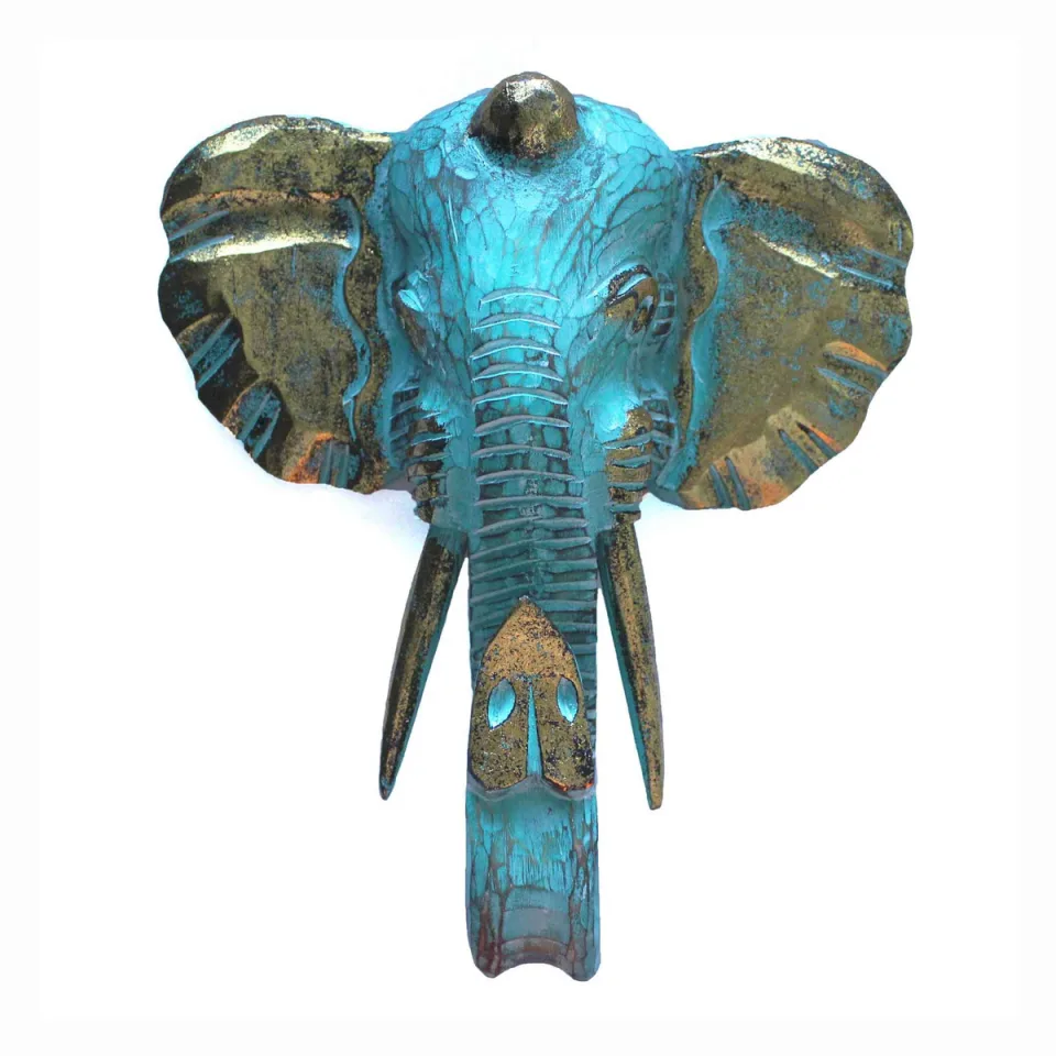 Grande tête d'éléphant en bois sculpté : doré et turquoise
