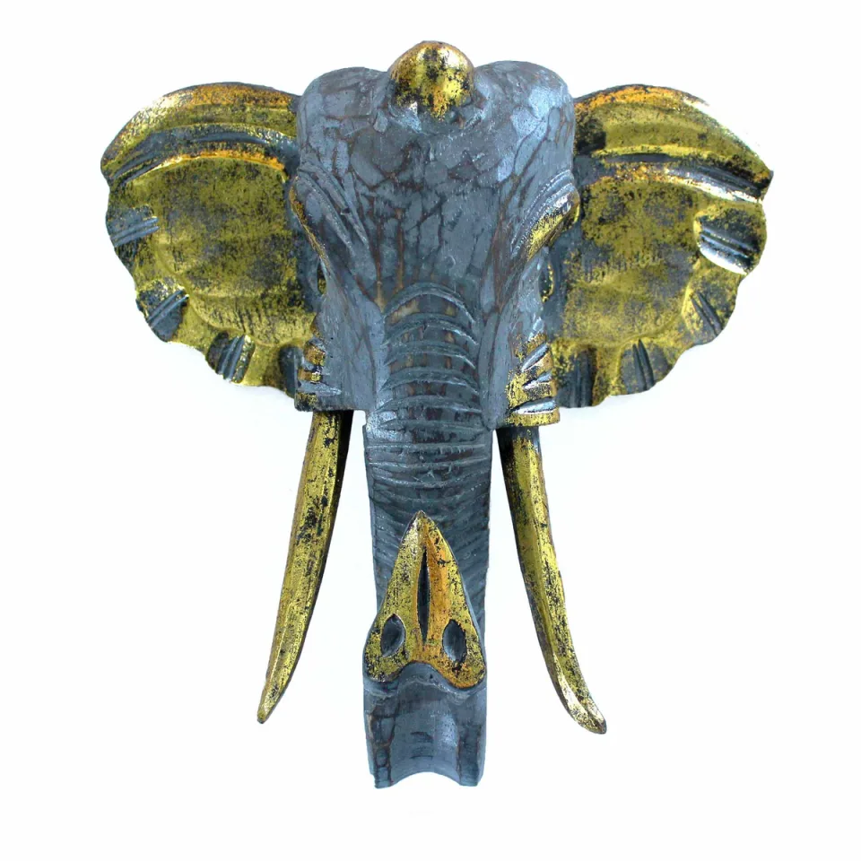 Grande tête d'éléphant en bois sculpté : doré et gris