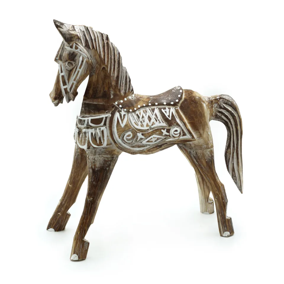 Cheval en bois sculpté : Grand cheval antique, 32 cm