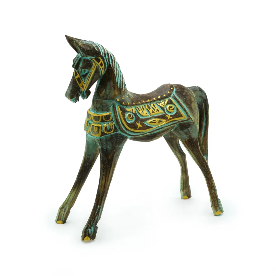 Cheval en bois sculpté : doré et turquoise moyen, 25 cm