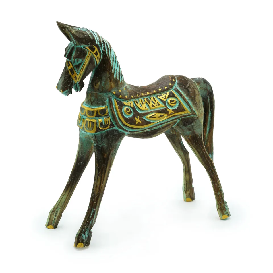 Cheval en bois sculpté : Grand cheval doré et turquoise, 32 cm