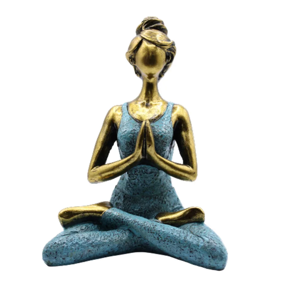Figurines dames du yoga en résine : Bronze et turquoise, 24 cm