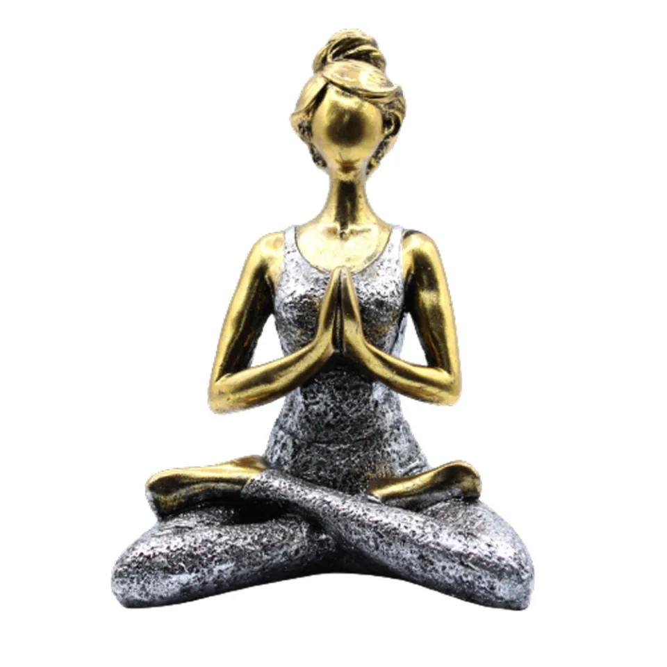 Figurines dames du yoga en résine : Bronze et argent, 24 cm