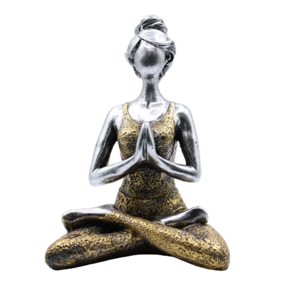 Figurines dames du yoga en résine : Argent et or, 24 cm