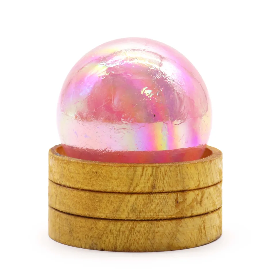 Sphère en quartz aura sur socle : 50 mm, quartz rose aura titane