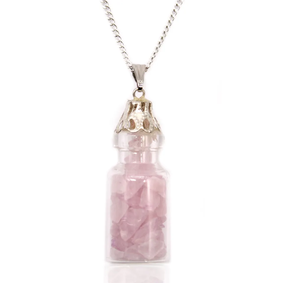 Collier fiole de pierres : quartz rose